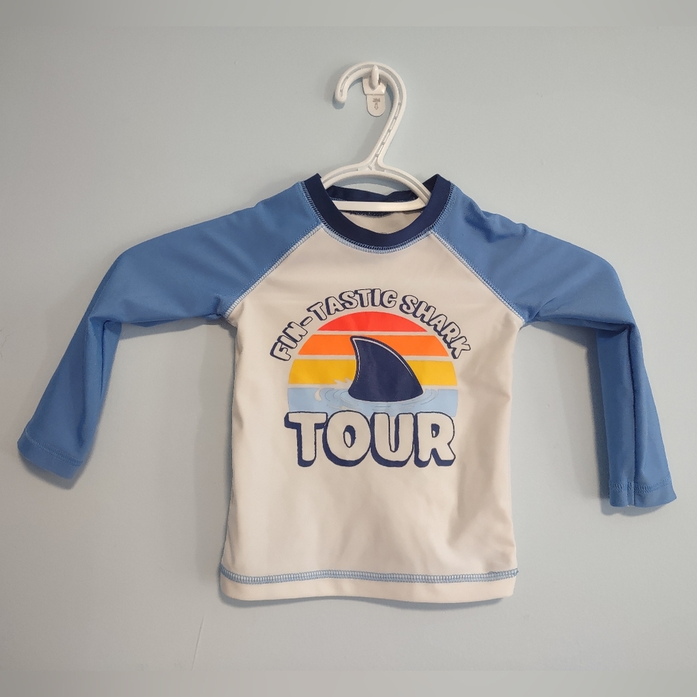 15/$22 Blue and White Shark Rashguard Sun Swim Top Long Sleeve 2T